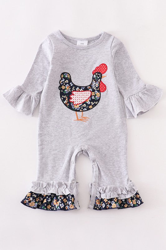 Gray rooster applique  ruffle baby romper
