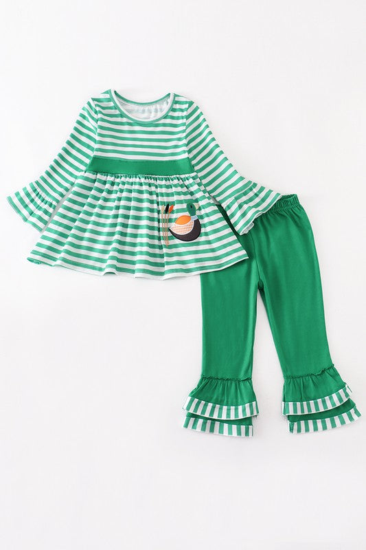 Green stripe duck applique girl dress