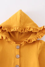 Load image into Gallery viewer, Mustard ruffle button down hoodie jacket
