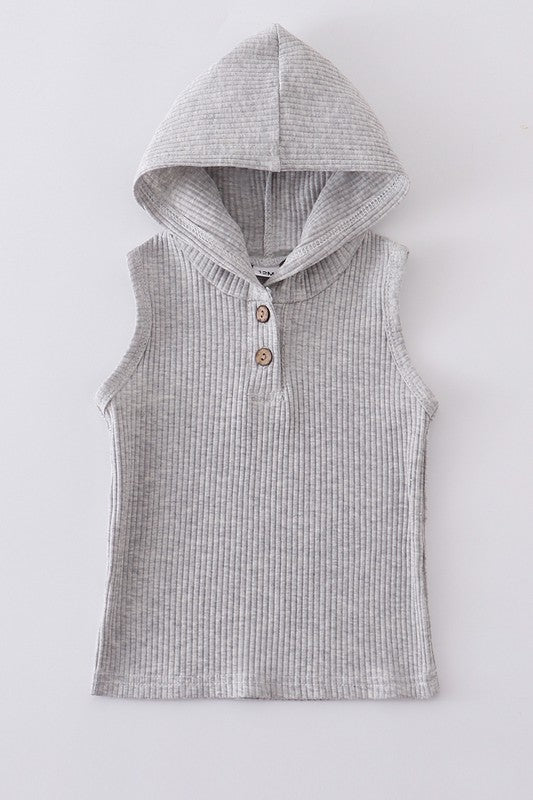 Grey ribbed cotton sleeveless hoodie