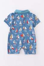 Load image into Gallery viewer, Navy sailboat print pocket boy romper
