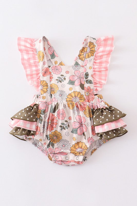 Coral floral print ruffle girl bubble