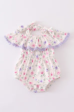 Load image into Gallery viewer, Purple floral print ruffle baby romper
