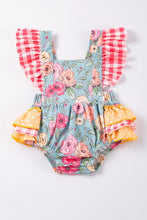 Load image into Gallery viewer, Blue plaid ruffle floral print baby romper
