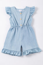 Load image into Gallery viewer, Blue ruffle button denim girl jumpsuit

