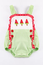 Load image into Gallery viewer, Green watermelon applique ruffle baby romper
