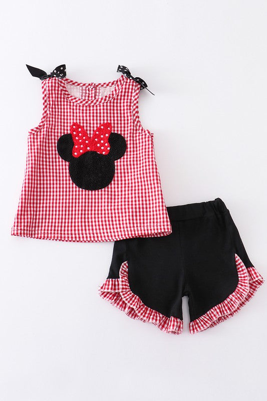 Red french knot charactor plaid girl set