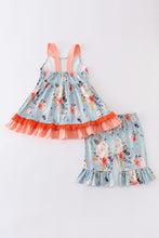 Load image into Gallery viewer, Blue floral print strap ruffle girl set
