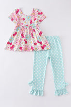 Load image into Gallery viewer, Mint floral print ruffle girl pant set
