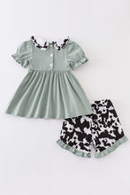 Load image into Gallery viewer, Green cows embroidery ruffle girl set
