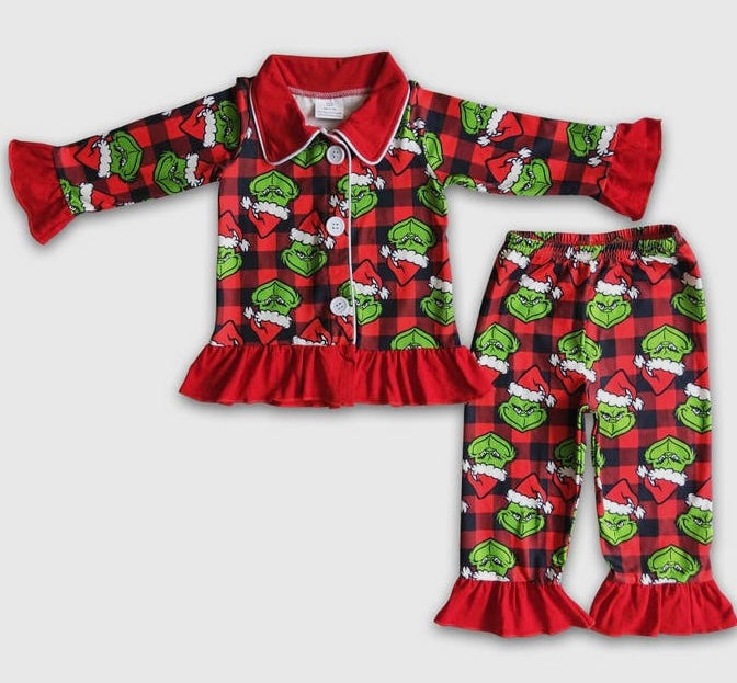 Girls Grinch Christmas Ruffle Collard Pajama Set