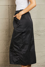 Load image into Gallery viewer, HYFVE Just In Time High Waisted Cargo Midi Skirt in Black
