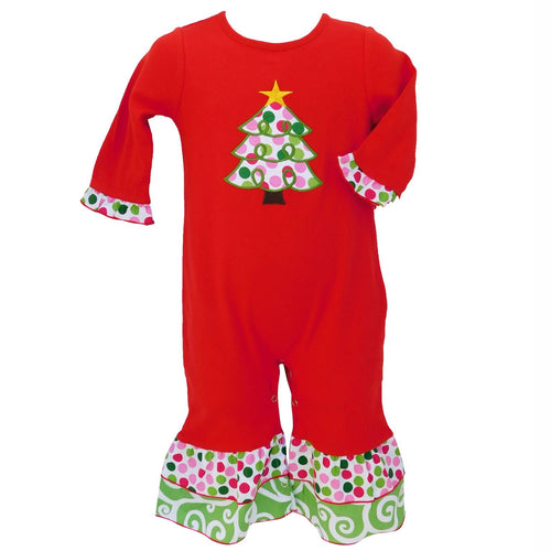 AnnLoren Baby Girls Red & White Christmas Tree Romper Outfit-0