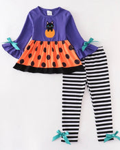 Load image into Gallery viewer, Halloween Cat Appliqué Ruffle Stripe Pant Set
