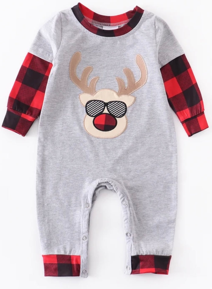 Boys Christmas Grey Deer Applique Baby Romper