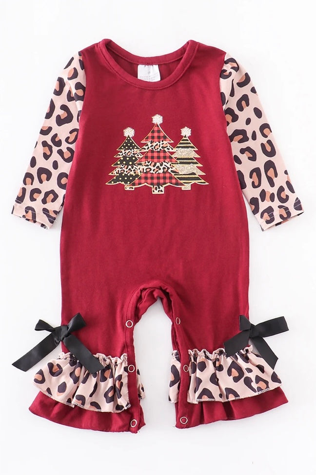 Girls Maroon Leopard Christmas Tree Baby Ruffle Romper
