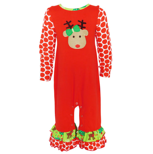AnnLoren Baby Girls Boutique Red Green Christmas Tree Rudolph Reindeer Holiday Romper-0