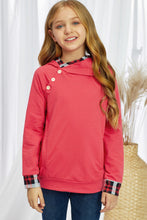 Load image into Gallery viewer, Girls Plaid Decorative Button Hoodie with Pockets
