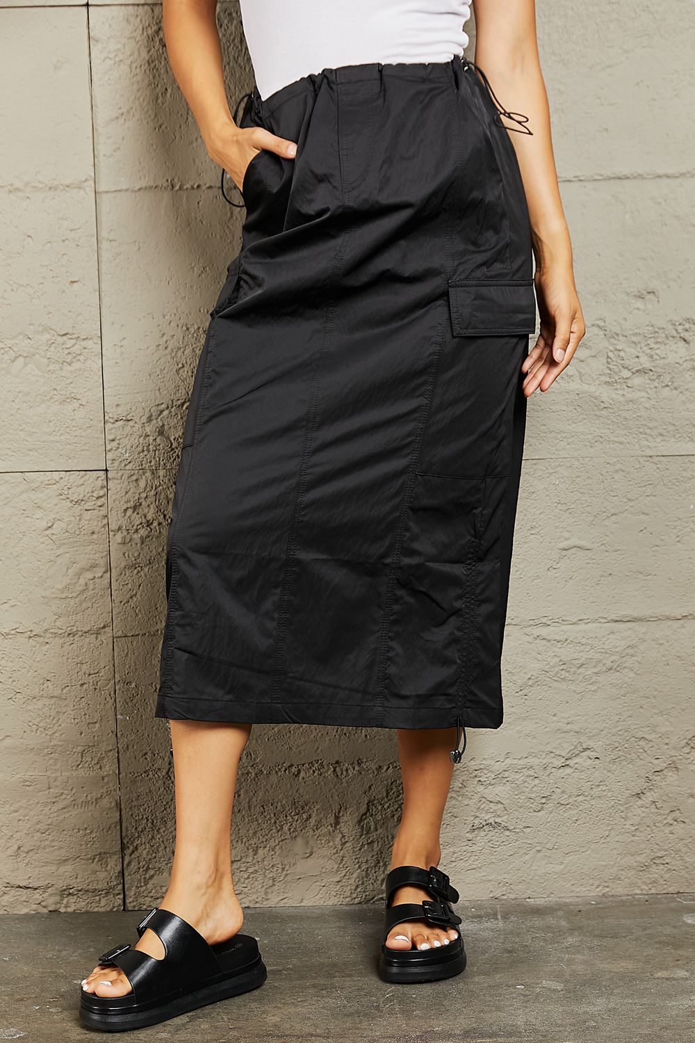 HYFVE Just In Time High Waisted Cargo Midi Skirt in Black