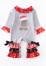 Load image into Gallery viewer, Girls Grey Gingerbread Christmas Applique Ruffle Baby Romper

