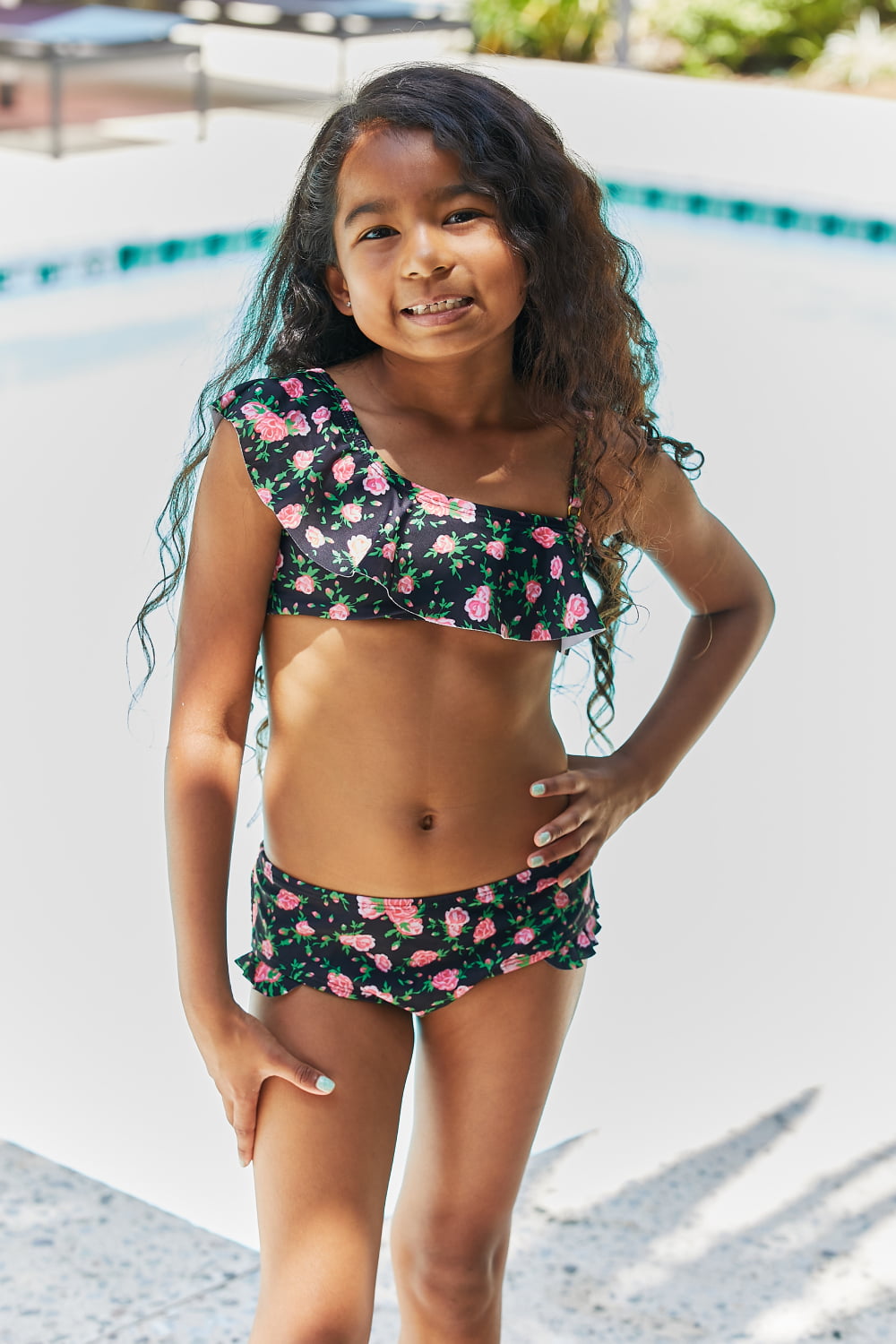Girl's Marina West Swim Clear Waters Two-Piece Swim Set in Black Roses